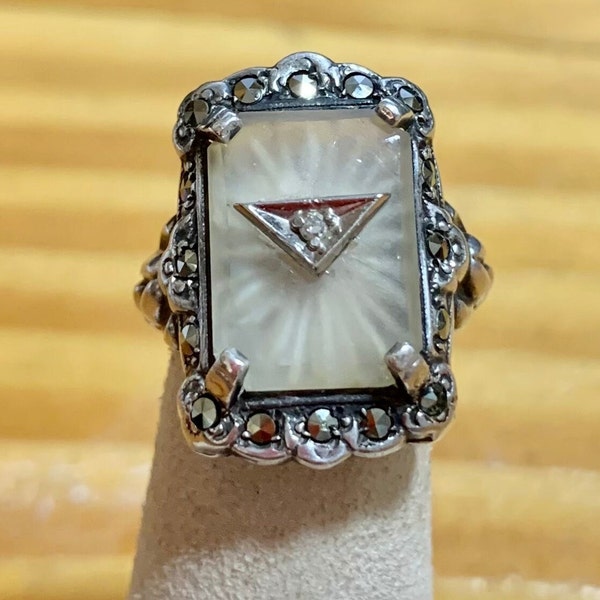 Art Deco Sterling Silver Rectangular Camphor Glass, Diamond & Marcasite Ring, size 3.75