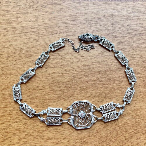 Art Deco Filigree shops & Clear Crystal Bracelet with Sterling Filigree clasp and Safety Chain, 7