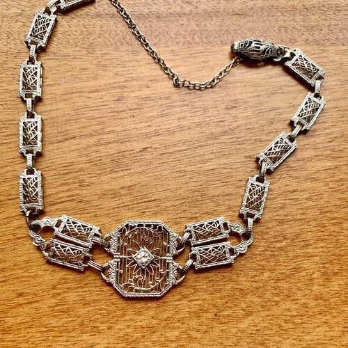 Art Deco Filigree shops & Clear Crystal Bracelet with Sterling Filigree clasp and Safety Chain, 7