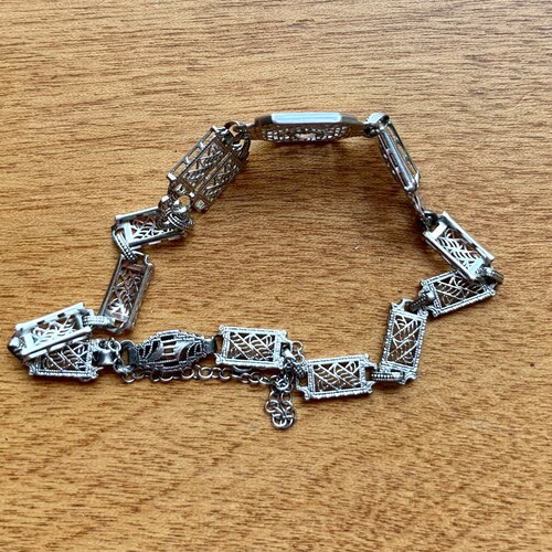 Art Deco Filigree shops & Clear Crystal Bracelet with Sterling Filigree clasp and Safety Chain, 7
