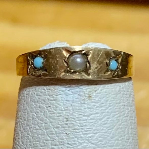 Ostby Barton 10k yellow gold Turquoise & Pearl Baby Midi or Child Ring size 0