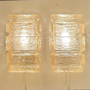 German pair of mid century modern 1960s  ice cube glass wall sconces with smoky glow - design by Rudolf Zimmermann Bamberg