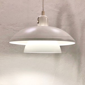 Minimalist vintage Danish design multilayer mid century ceiling lamp in white metal with red detail