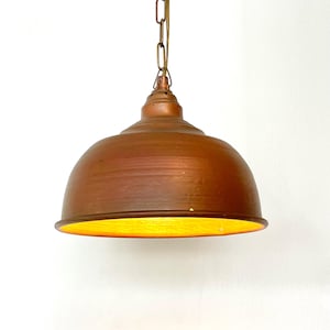 Vintage mid century modern patinated copper ceiling lamp with chain suspension and beautiful glow - design by Lyskær Belysning