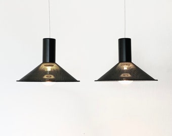 Pair of Danish vintage cool minimalist postmodern design ceiling lamps in black perforated metal