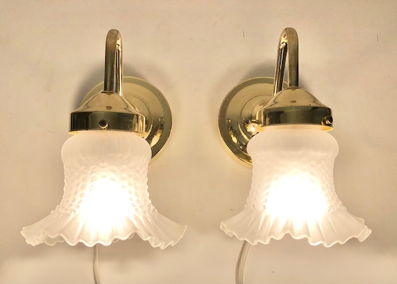 Danish Mid Century Wall Lamps With Patterned Glass Shades and Gold
