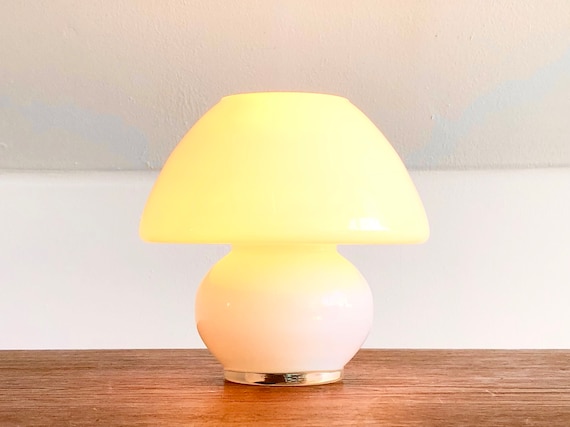 Danish Vintage Small Mushroom Mid Century Table Lamp in Minimalist White  Glass With Cozy Glow Design by Odreco Belysning 