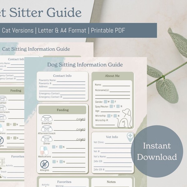 Printable Dog Cat Sitter Notes Pet Sitting Information Sheet - Etsy