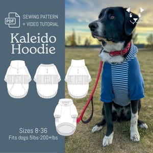 Puede incluir: Un perro con una sudadera con capucha a rayas azules y blancas, un collar rojo y una correa. La imagen incluye un patrón de costura para una sudadera con capucha para perros con el texto "Kaleido Hoodie", tallas 8-36 y apto para perros de 2.3-90.7 kg.