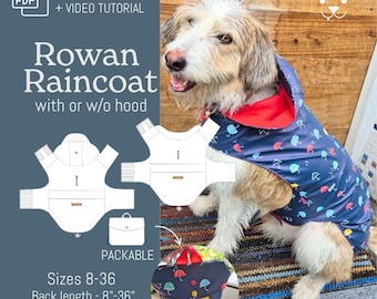 Patrón de costura en PDF para impermeable plegable para perros: Chaqueta de lluvia Rowan con mochila.