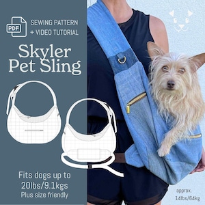 May include: A denim pet sling with a small dog inside. The sling has a brown belt and a gold zipper. The text on the image says "Skyler Pet Sling" and "Fits dogs up to 20lbs/9.1kgs". The sling is plus size friendly.