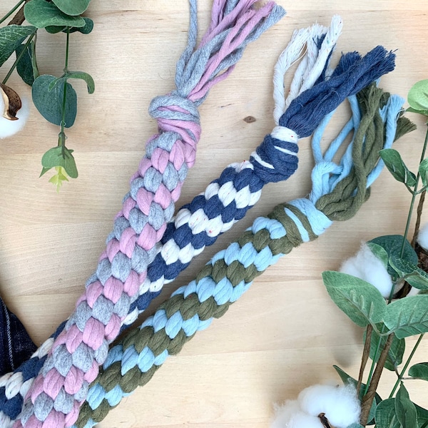 Durable Dog Tug Toy, Macrame Dog Toys,  New Puppy Gift - Pet safe and Earth friendly tug toy designed to keep your pet entertained