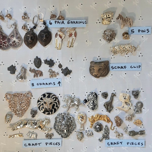 Huge lot of wild animal jewelry & craft pcs.  Mostly cats, lions, tigers, cougars, some zebras, elephants, giraffes, etc. #631