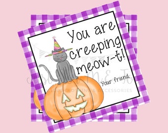 Halloween Printable Tags, Instant Download, Halloween Cat Tags, Square Gift Tags, Lunchbox, Creeping Meow Tag, Printable, Happy Halloween