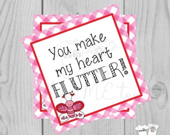 Valentine Printable Tags, Instant Download, Valentine's Day Tags, Square Gift Tags, Classroom Tag, Butterfly Valentine,, Friendship Tag