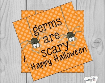 Halloween Printable Tags, Instant Download, Germs are Scary Tags, Square Gift Tags, Spider, Printables, Halloween, Boo Bucket