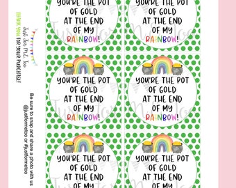 St. Patrick's Day Printable Tags, Instant Download, Pot of Gold Tags, Classroom, Shamrock, Clover, Gold, Rainbow Tag