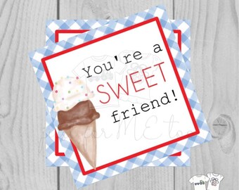 Valentine Printable Tags, Instant Download, Valentine's Day Tags, Square Gift Tags, Classroom Tag, Ice Cream Tag, Treats, You're Sweet