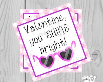 Valentine Digital Download Tag, Valentine Gift Tag, Princess Tag, Girl Valentine Tag, Printable Tag, Sunglasses, Shine Bright Valentine