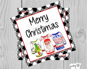 Merry Christmas Printable Tags, Instant Download, Colorful Christmas Ugly Sweater, Square Gift Tags, Merry Christmas, Lunchbox, Printable