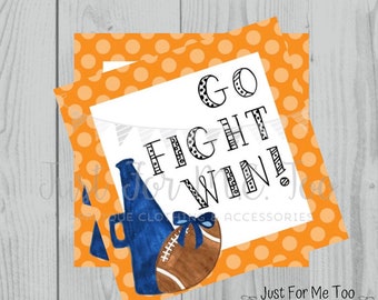 Football Printable Tags, Go Fight Win, Instant Download, School Tags, Cheerleading Tags, Cheerleader, Football, Orange and Blue