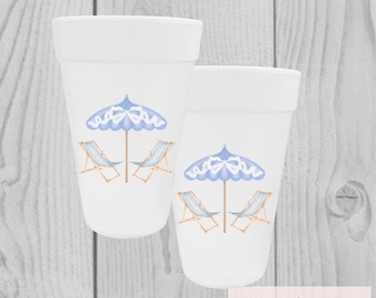 Beach Chair Styrofoam Cups | Blue Beach Umbrella Cups | Summer Party Cups | 16 oz Foam Cups | Beach House Drinkware | Set of 10
