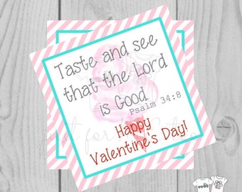 Valentine Printable Tags, Instant Download, Valentine's Day Tags, Square Gift Tags, Classroom Tag, Psalm 34:8 Tag, Valentine, Cotton Candy