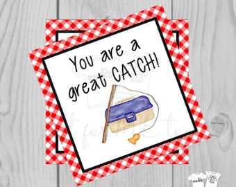 Valentine Printable Tags, Instant Download, Valentine's Day Tags, Square Gift Tags, Classroom Tag, Fish Tag, Treats, You're a great Catch