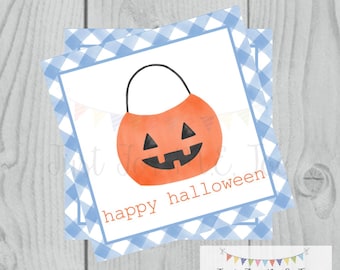 Halloween Printable Tags, Instant Download, Happy Halloween Boy Tags, Square Gift Tags, Blue Gingham, Printable, Halloween Treats, pumpkin