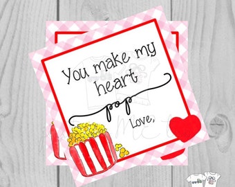 Valentine Printable Tags, Instant Download, Valentine's Day Tags, Square Gift Tags, Classroom Tag, Popcorn Tag, Treats, Heart Pop