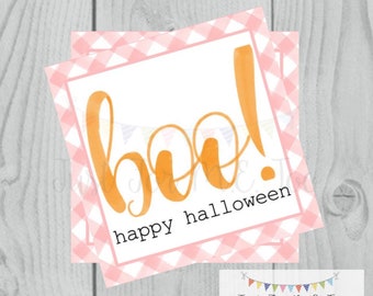 Halloween Printable Tags, Instant Download, Girl BOO Tags, Square Gift Tags, Pink Gingham, Lunchbox, BOO Tag, Printable, Girl Halloween