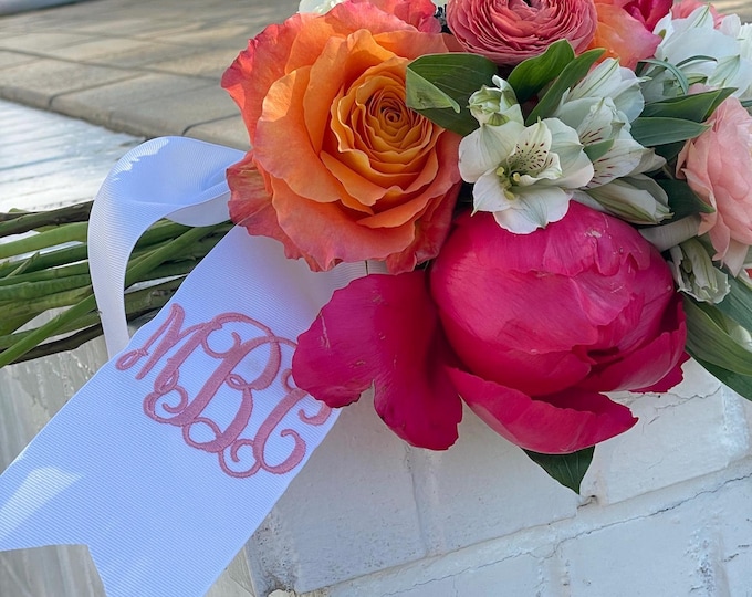 Featured listing image: Monogram Prom Sash For Flowers, Monogram Sash, Monogram Ribbon, Monogram, Embroidered ribbon, Bouquet Sash,Embroidered Sash
