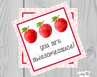 Apple Printable Tags, You are awesomesauce, Instant Download, Apple Tags, Teacher Tags, Lunchbox Note, Student Tag, Valentine Tag. Gingham