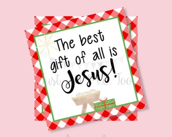 Christmas Printable Tags, Instant Download, Red Gingham Tags, Square Gift Tags, The Best Gift of All, Baby Jesus, Nativity, Instant Download