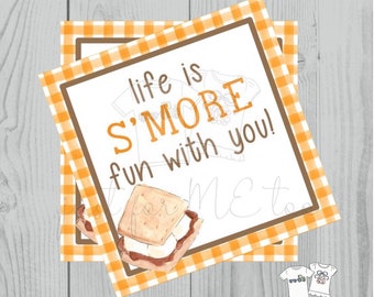 Smores Printable Tags, Instant Download,Life is S'More fun with you, Square, Printable, S'Mores, campfire, camping, birthday, Fall, Orange