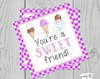 Valentine Printable Tags, Instant Download, Valentine's Day Tags, Square Gift Tags, Classroom Tag, Ice Cream Tag, Treats, You're Sweet