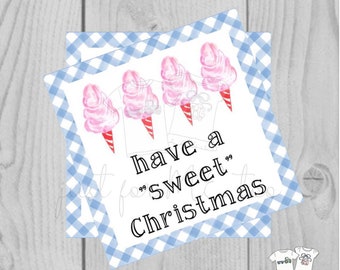 Christmas Printable Tags, have a sweet Christmas, Merry Christmas Tag, Cotton Candy Tag, Gift Tag, Blue Gingham