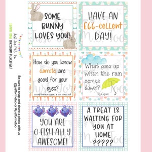 May include: A set of ten printable Easter-themed gift tags with colourful backgrounds and illustrations. The tags feature bunny rabbits, carrots, an umbrella, fish, and text such as "Some bunny loves you!" and "Have an egg-cellent day!"