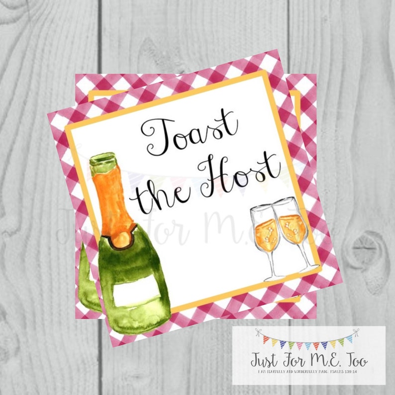 May include: A printable party favor tag with a red and white gingham background. The tag features a watercolor illustration of a champagne bottle and two glasses. The text on the tag reads "Toast the Host".