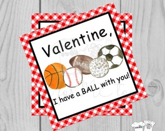 Valentine Printable Tags, Instant Download, Valentine's Day Tags, Square Gift Tags, Classroom Tag, Ball Tag, Treats, Sports, Valentine