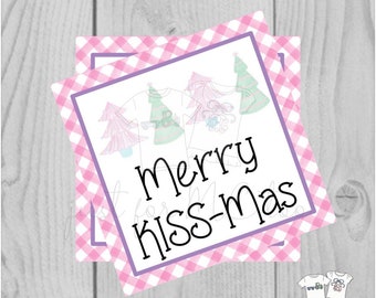 Christmas Printable Tags, Instant Download, Christmas Tags, Square Gift Tags, Merry KISSmas, Pink Trees Tag, Pink Tag, Pink Christmas