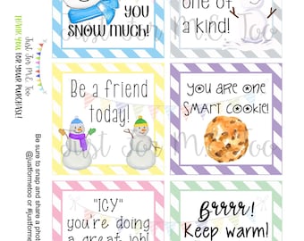 Winter Lunchbox Notes Printable Tags, January Lunch Notes, School Notes, School Tag, Digital Download, Snowman, Snow, Lunch Note