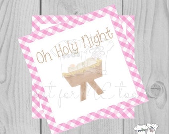 Christmas Printable Tags, Instant Download, Pink Gingham Tags, Square Gift Tags, Oh Holy Night, Baby Jesus, Christmas Tag, Instant Download