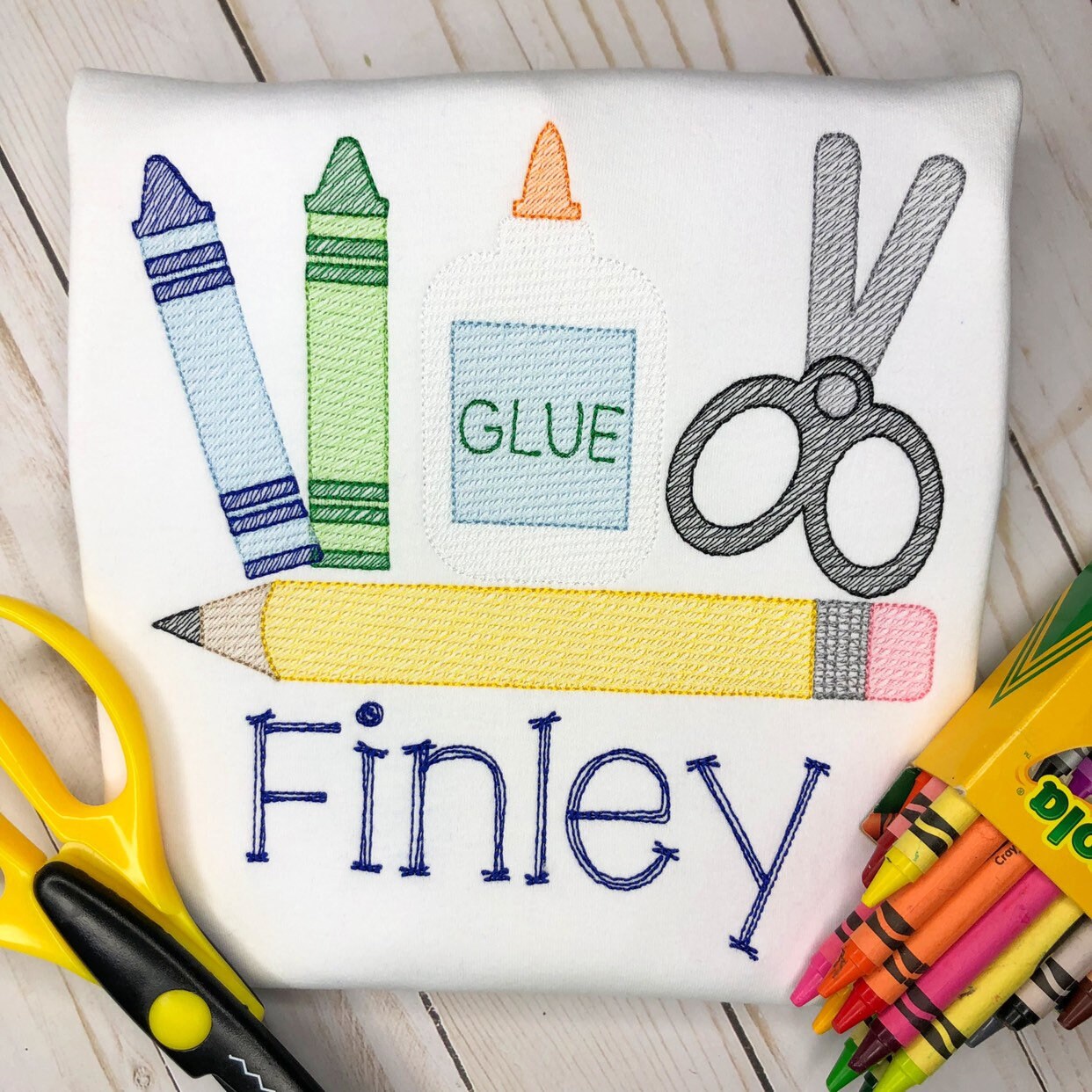 Personalized Back to School Supply Set Sketch Stitch Embroidery Shirt