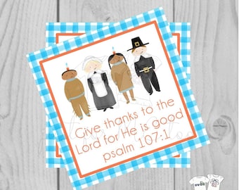 Thanksgiving Printable Tags, Instant Download, Give Thanks Tag, Pilgrim and Indian, Printable, Thanksgiving, Psalm 107:1