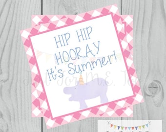 Instant Download Printable Sumer Tag, Hip Hip Hooray, Summer Printable, Pool Party, Summer Tag, Instant Download, End of School, Hippo