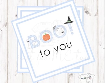 Halloween Printable Tags, Instant Download, Girl Ghost Tags, Square Gift Tags, Blue Gingham, Lunchbox, BOO Tag, Printable, Boo to you