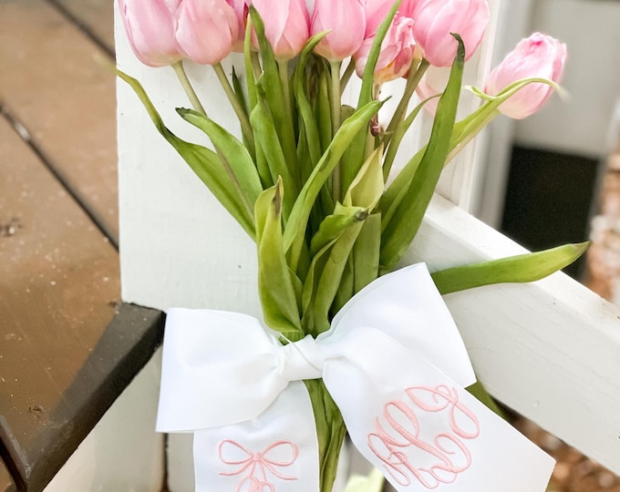 Featured listing image: Monogrammed Flower Bouquet Sash: Embroidered Grosgrain Ribbon, Monogram Ballet Ribbon, Great for Door, Wreath, Flowers, Gifts
