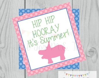 Instant Download Printable Sumer Tag, Hip Hip Hooray, Summer Printable, Pool Party, Summer Tag, Instant Download, End of School, Hippo