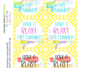 Summer Printable, Water Gun Gift Tag, Blast Tag, Kids Tag, Friend, Classroom, Have a Blast, Favor, Instant Download, Class Treat